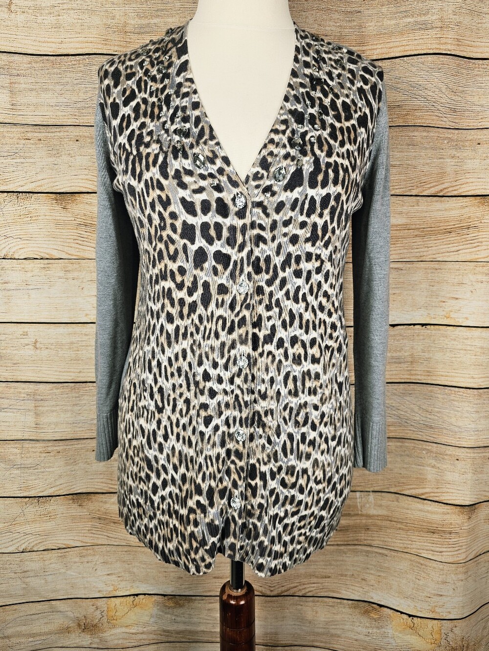 Chico's Leopard Print Rhinestone Cardigan Sweater Size Small